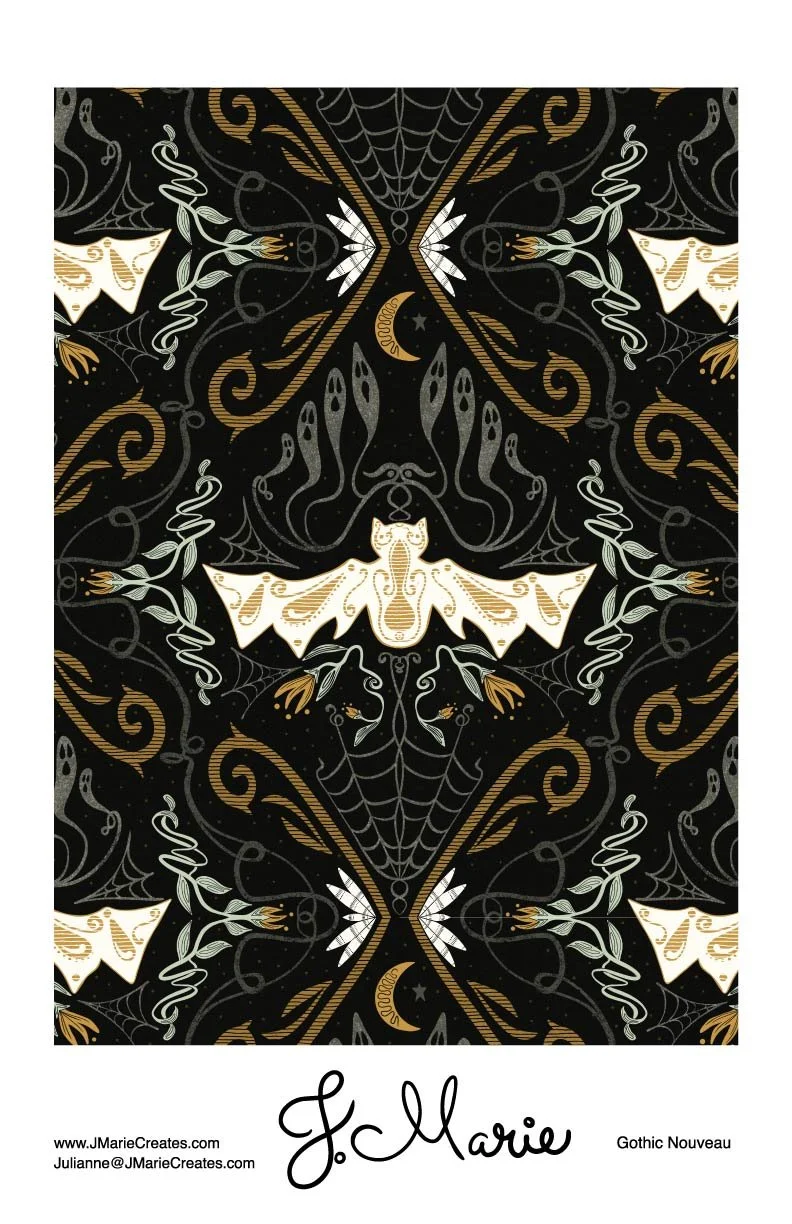 A decorative pattern featuring butterflies, spiders, spider webs, pirates' hats, and crescent moons with star details in black, white, gold, and pale green colors. The design has a symmetrical, Halloween-inspired theme.