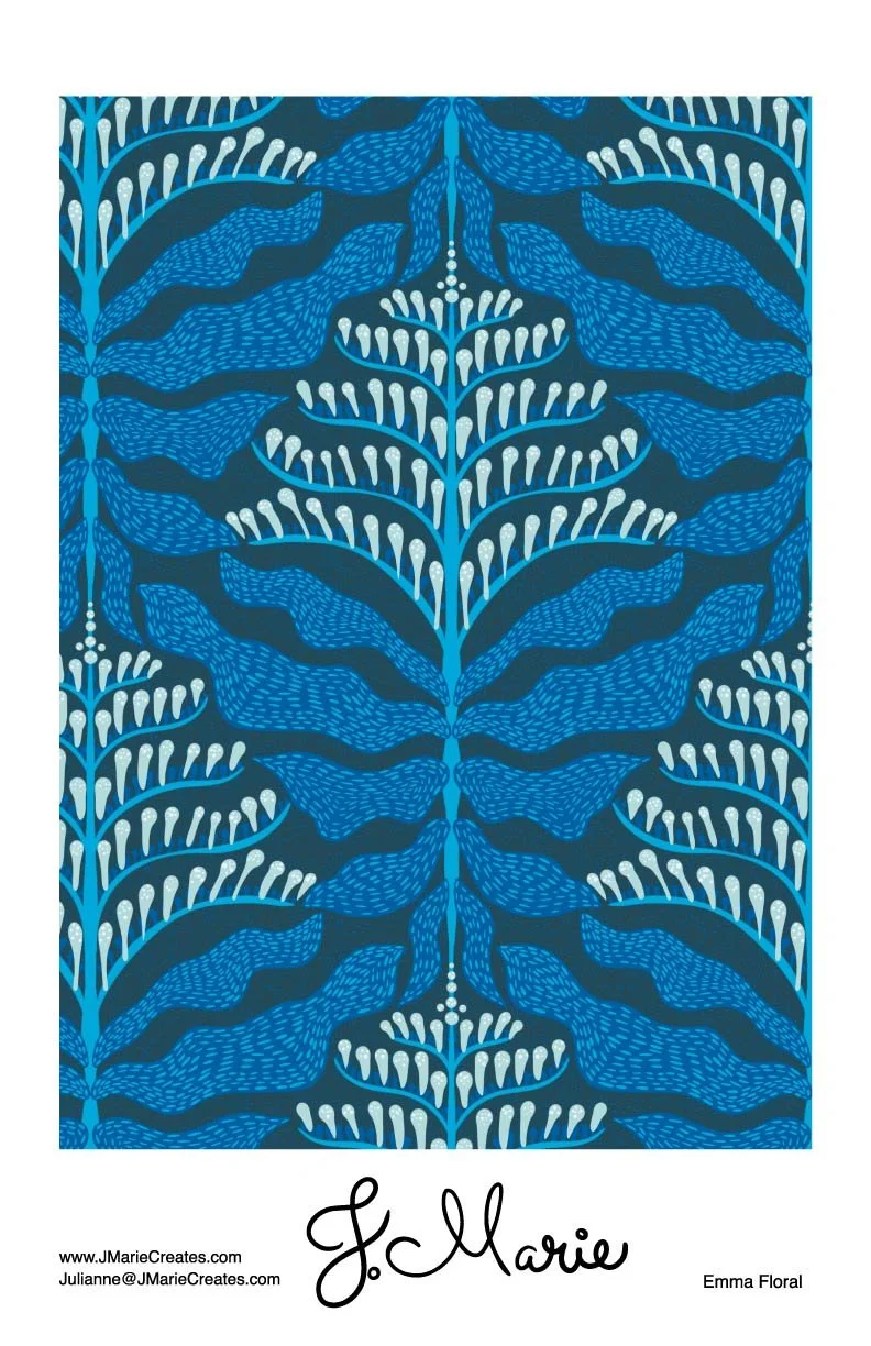 Blue floral pattern with white accents and the artist's signature Jo Marie at the bottom, labeled Emma Floral.