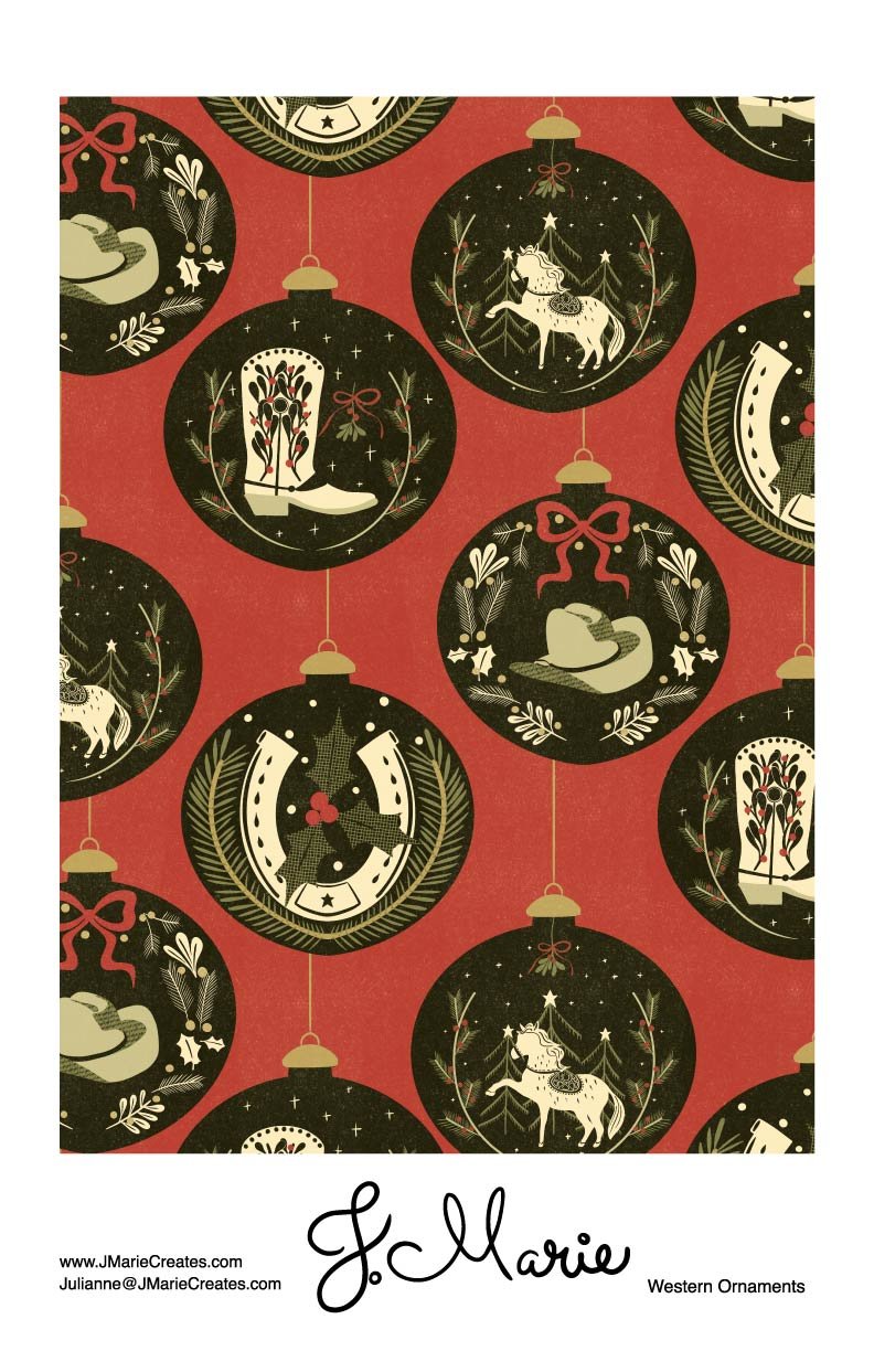 Pattern of Christmas ornaments featuring a unicorn, cowboy boot, and cowboy hat, on a red background.