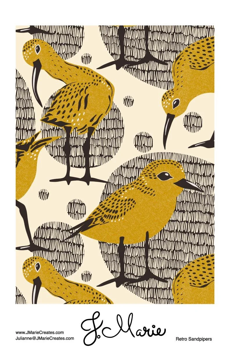 Pattern of yellow sandpipers with black markings, standing and looking in various directions, set against a background of black and white circular and dot designs.
