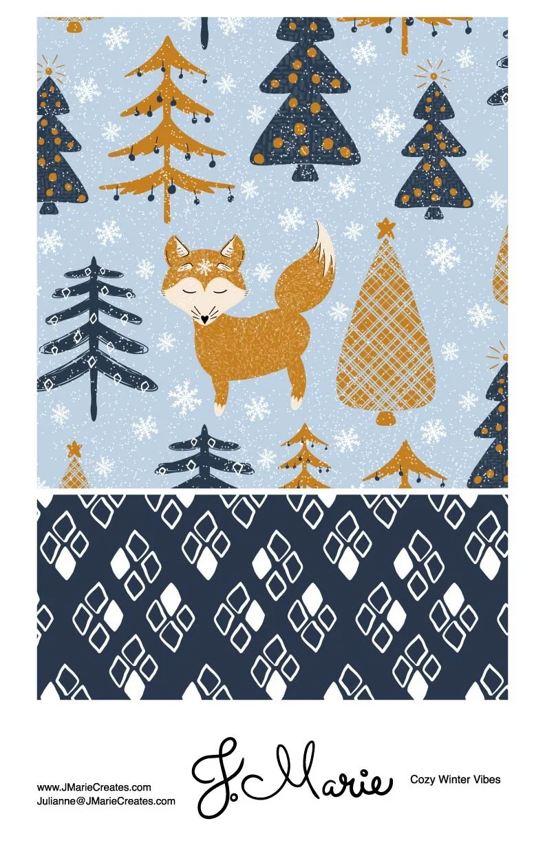 A cozy winter design featuring stylized Christmas trees, snowflakes, and a smiling fox on a blue background with snow and tree patterns at the bottom.