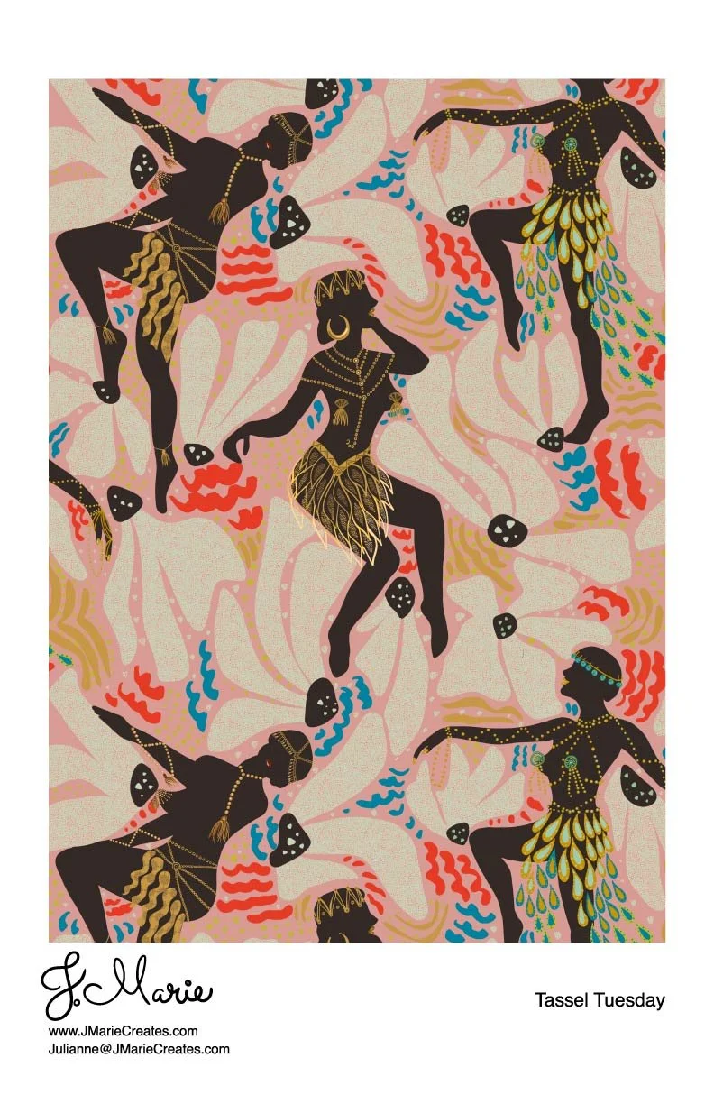 Pattern featuring dancing African American women with jewelry and feather skirts, surrounded by abstract shapes and colors.