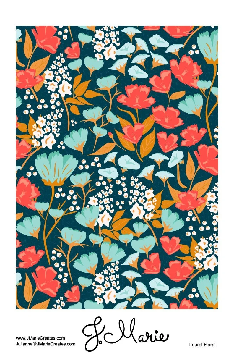 Floral pattern with red, blue, and white flowers and leaves on a dark background, with text 'J. Marie' and 'Laurel Floral' at the bottom.