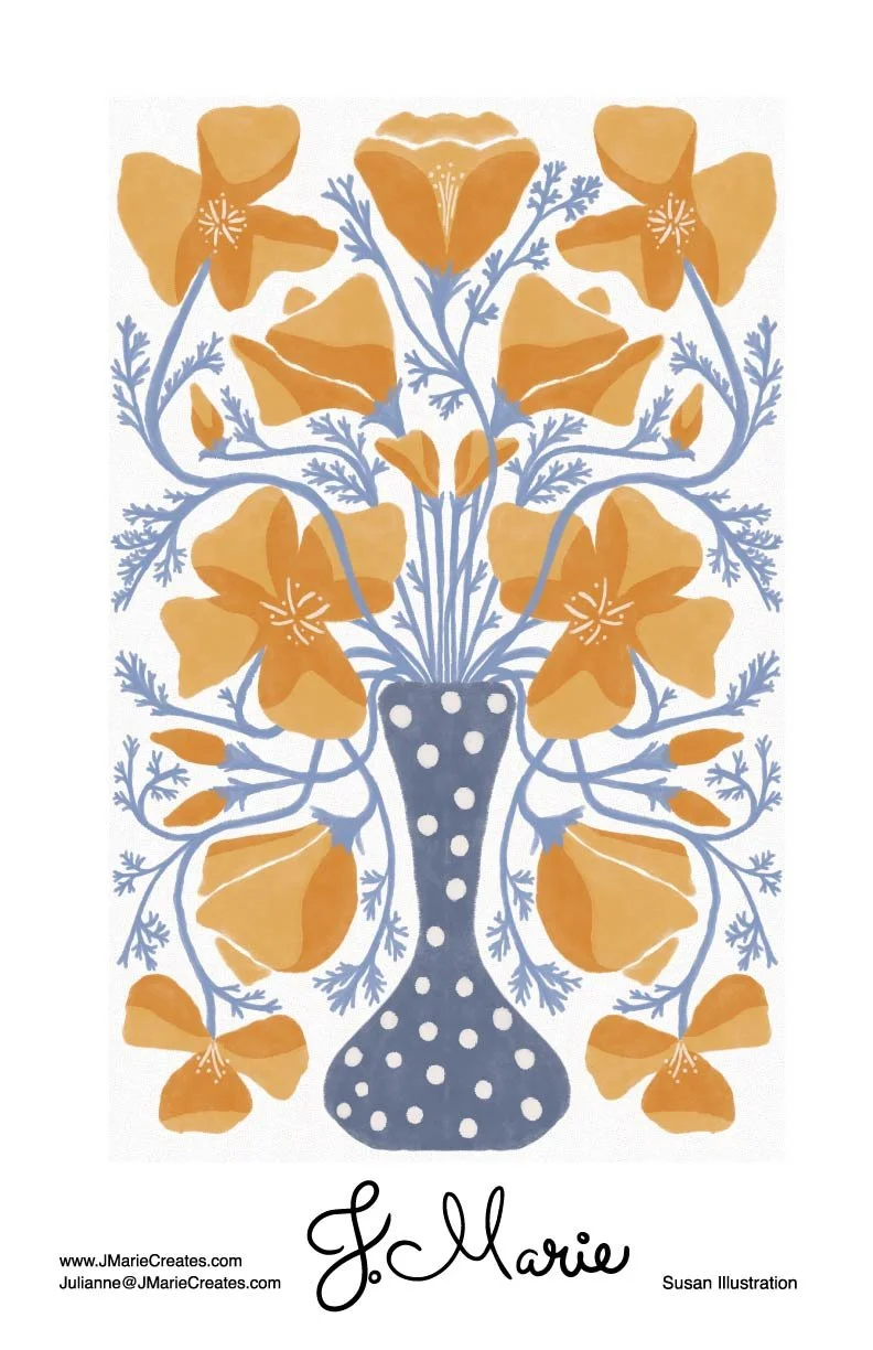 Illustration of a blue vase with white polka dots, filled with orange flowers and blue foliage, signed by J. Marie.