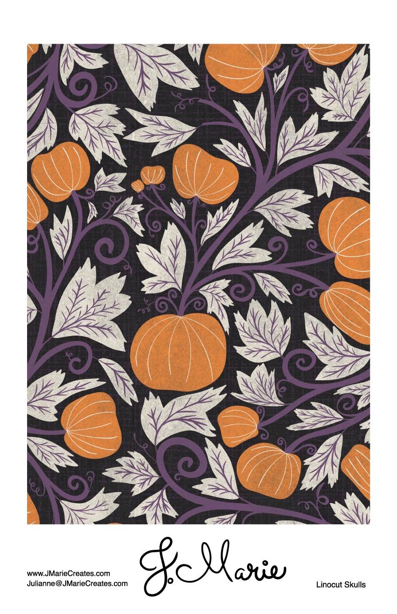 Pattern with orange pumpkins, purple vines, and gray leaves on black background, titled 'Linocut Skulls' by J. Marie.
