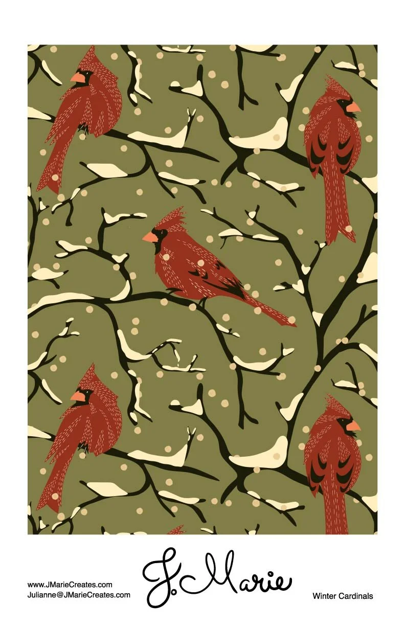 Pattern of red cardinals perched on snow-covered branches with a green background.