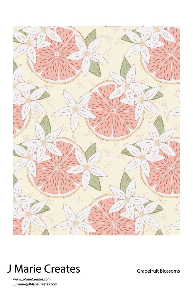 Pattern featuring slices of pink grapefruit with white blossoms and green leaves on a light background.