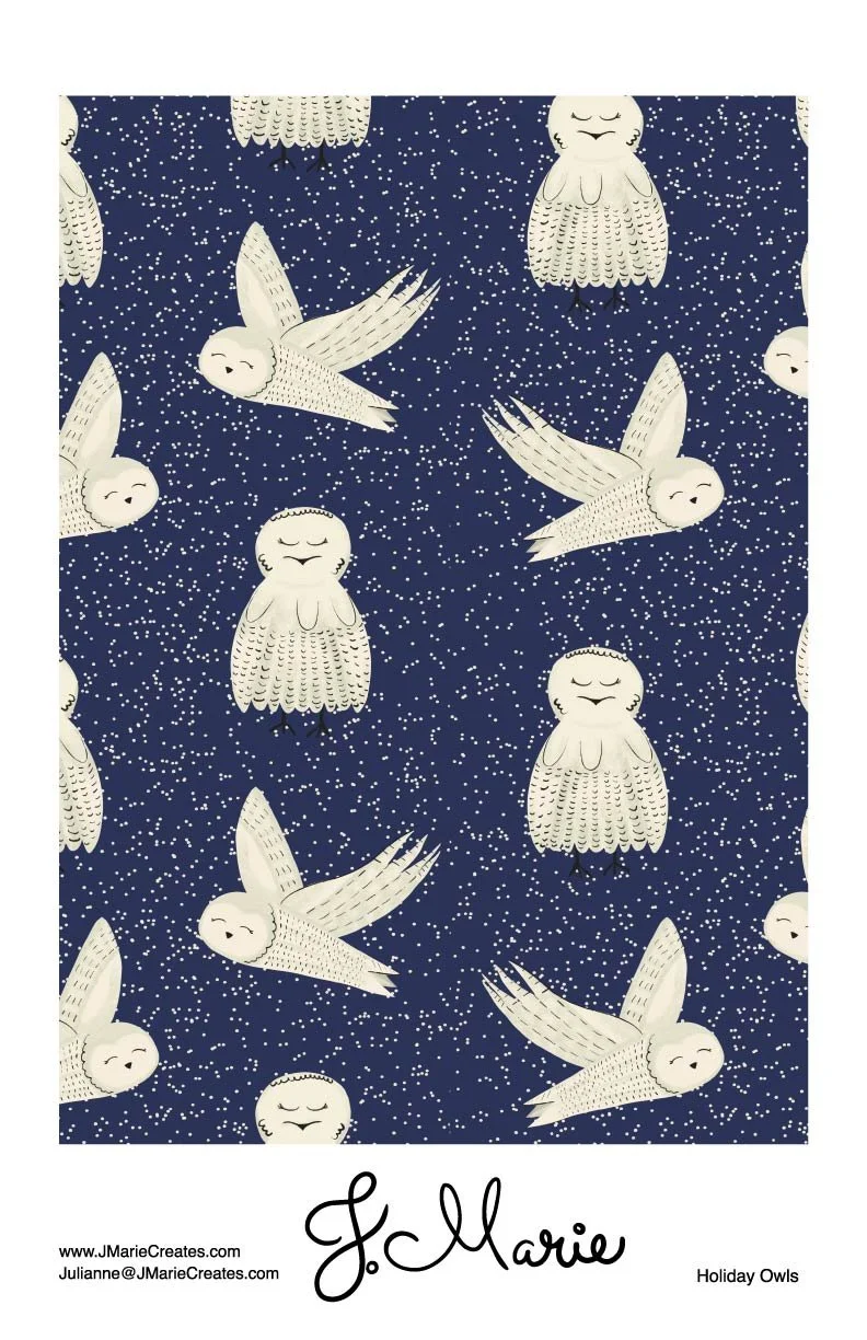 Pattern of cute, smiling owls with closed eyes, and flying owls on a dark blue starry background, with the text 'J. Marie' and 'Holiday Owls' at the bottom.