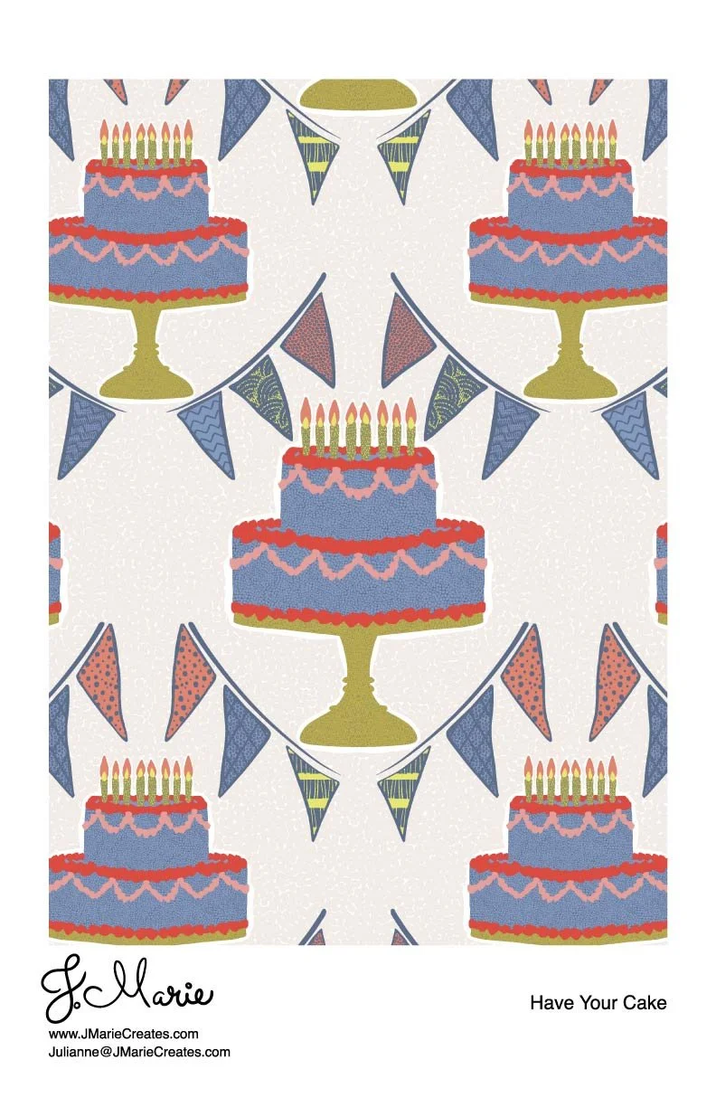 Pattern of decorated birthday cakes with candles, and party flags, with text 'Have Your Cake' and artist information at the bottom.