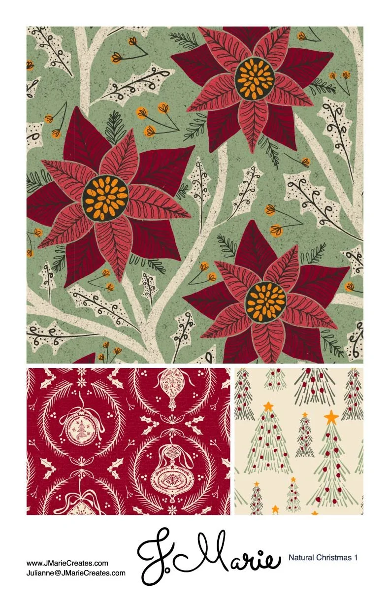 Three Christmas-themed fabric patterns: the top pattern features red poinsettia flowers with green and black leaves on a green background; the bottom left pattern shows white Christmas ornaments, holly, and holly leaves on a red background; the botto