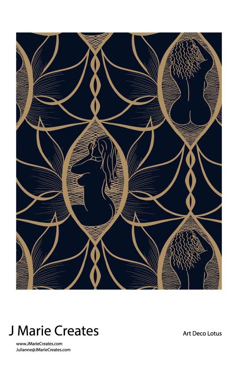 Pattern featuring stylized female silhouettes, flowers, and swirling lines in black and gold.