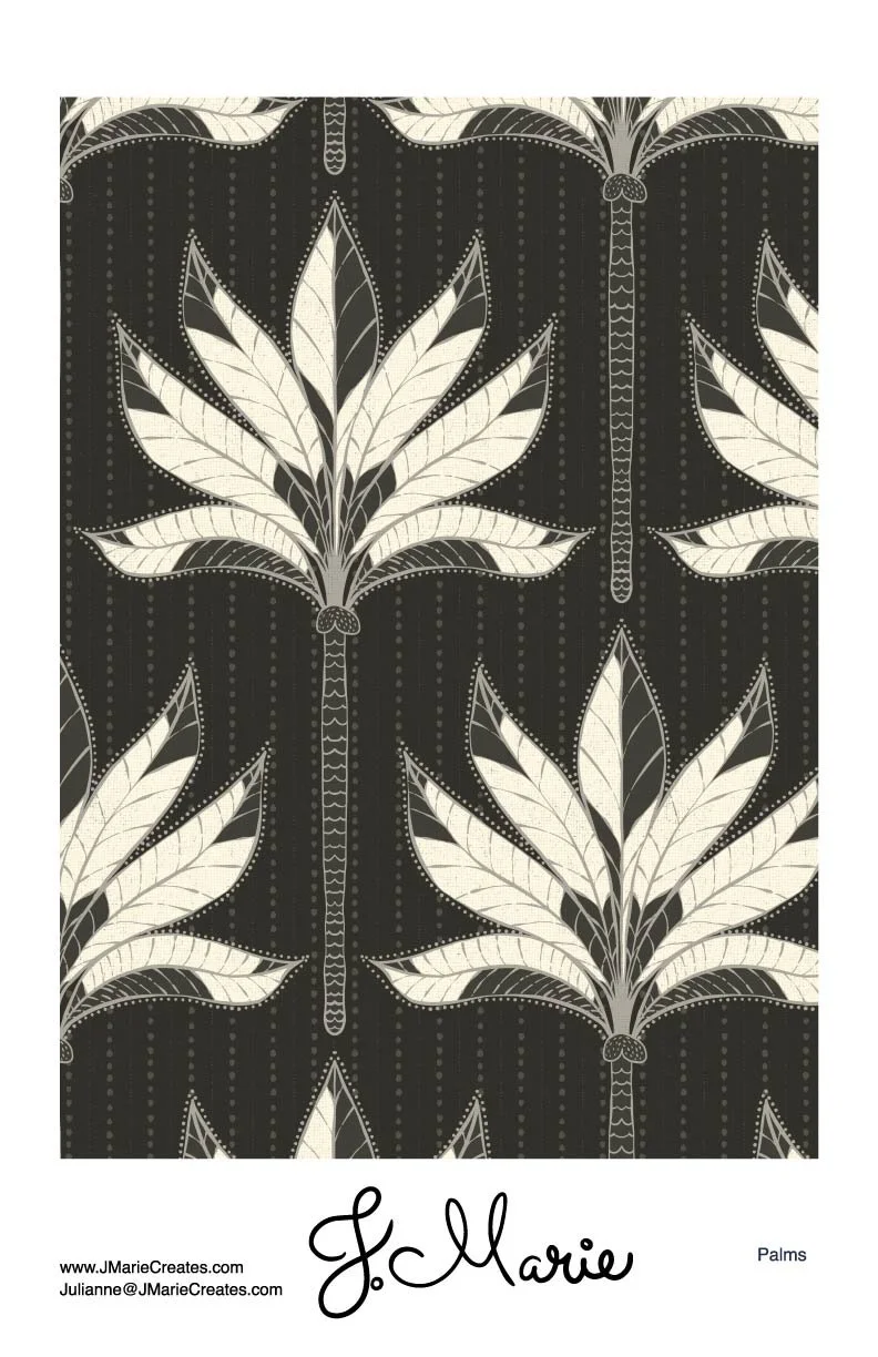 Black and white floral pattern with stylized palm trees and leaves, signed by J. Marie, titled 'Palms'.