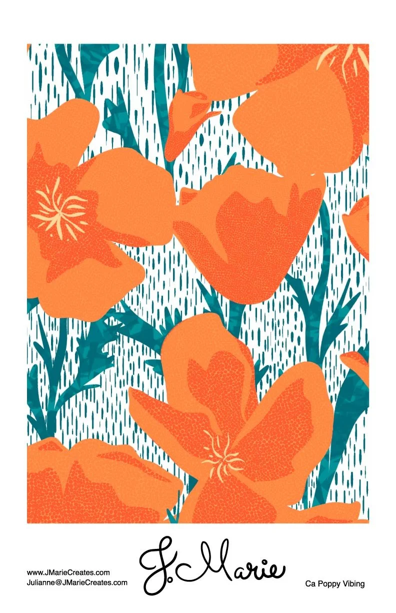 Stylized illustration of orange poppy flowers with teal leaves and background.