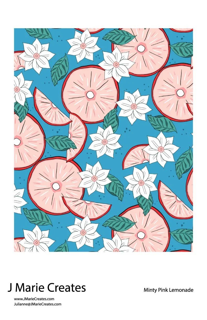 Pattern with sliced pink lemons, lemon slices, green leaves, and white flowers on a blue background.