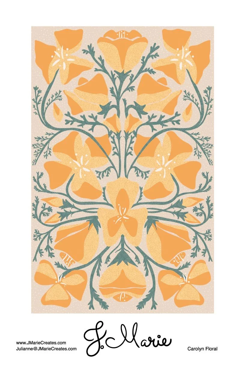 A floral pattern featuring orange flowers and green foliage, with a signature at the bottom reading "J. Marie" and text indicating Carolyn Floral as the designer.