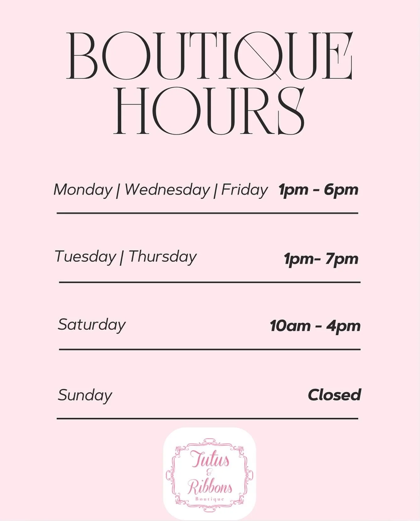 ✨ New Extended Boutique Hours! ✨
Visit Tutus &amp; Ribbons and browse this season&rsquo;s arrivals during our updated hours! 🩰
&bull;
&bull;
#tutusandribbons #tutusandribbonssatx #storehours #boutique #ballet #sanantonio #BoutiqueFinds #StudioReady 