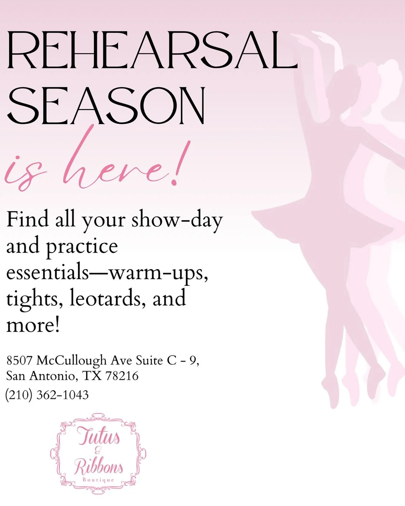 Come to Tutus &amp; Ribbons for all your rehearsal essentials! 🩰💖
&bull;
&bull;
#tutusandribbons #tutusandribbonssatx #dancerehearsal #boutique #ballet #dance