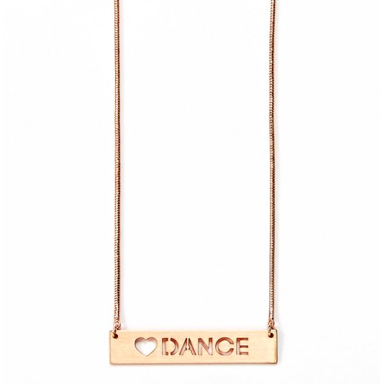 A heart with Dance is etched in a small 1.5” long rose colored bar hanging from a 16” long snake chain.
