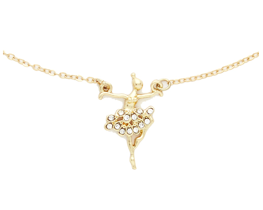A dainty, gold necklace with glistening crystals accents.