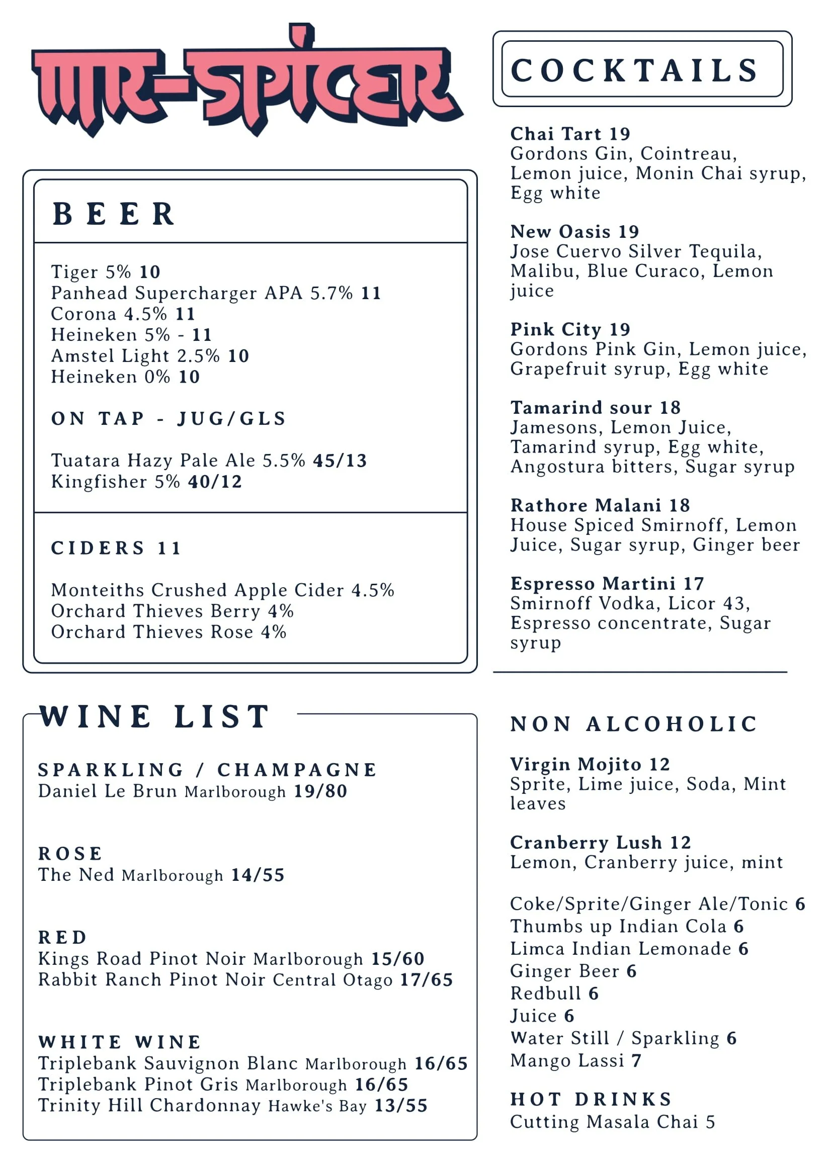 Restaurant Menu — Mr Spicer Indian Restaurant