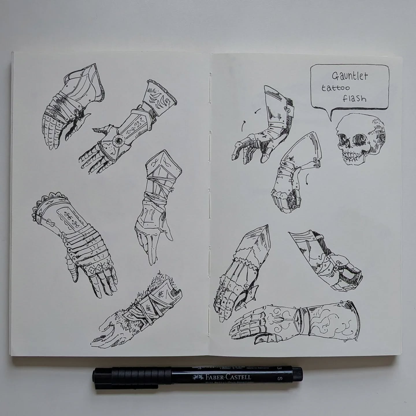 +.Some gauntlet sketch studies flash.+
Available to book now, minimum size is 3&quot;
You may recognise a couple of these 👀 
.
#tattooideas #ink #inked #blackwork #illustration #linework #nottinghamtattoo #tattoos #tattoodesign  #mellow #notts #nott