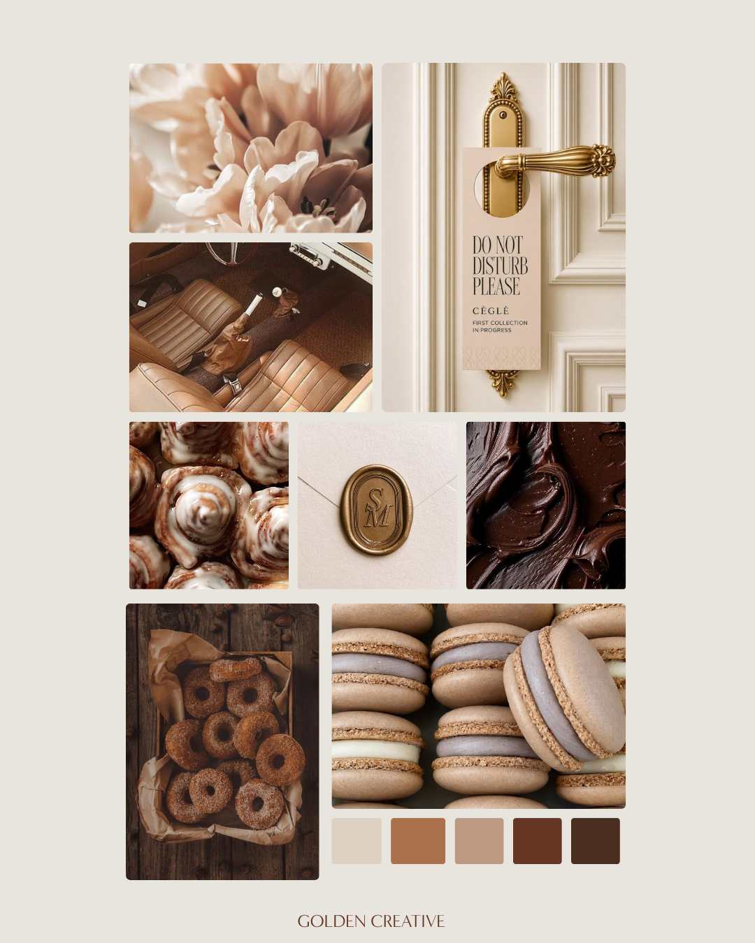 Warm luxury brand moodboard featuring soft florals, vintage details, rich chocolate brown, warm neutrals, pastries, and elegant gold accents by Golden Creative.