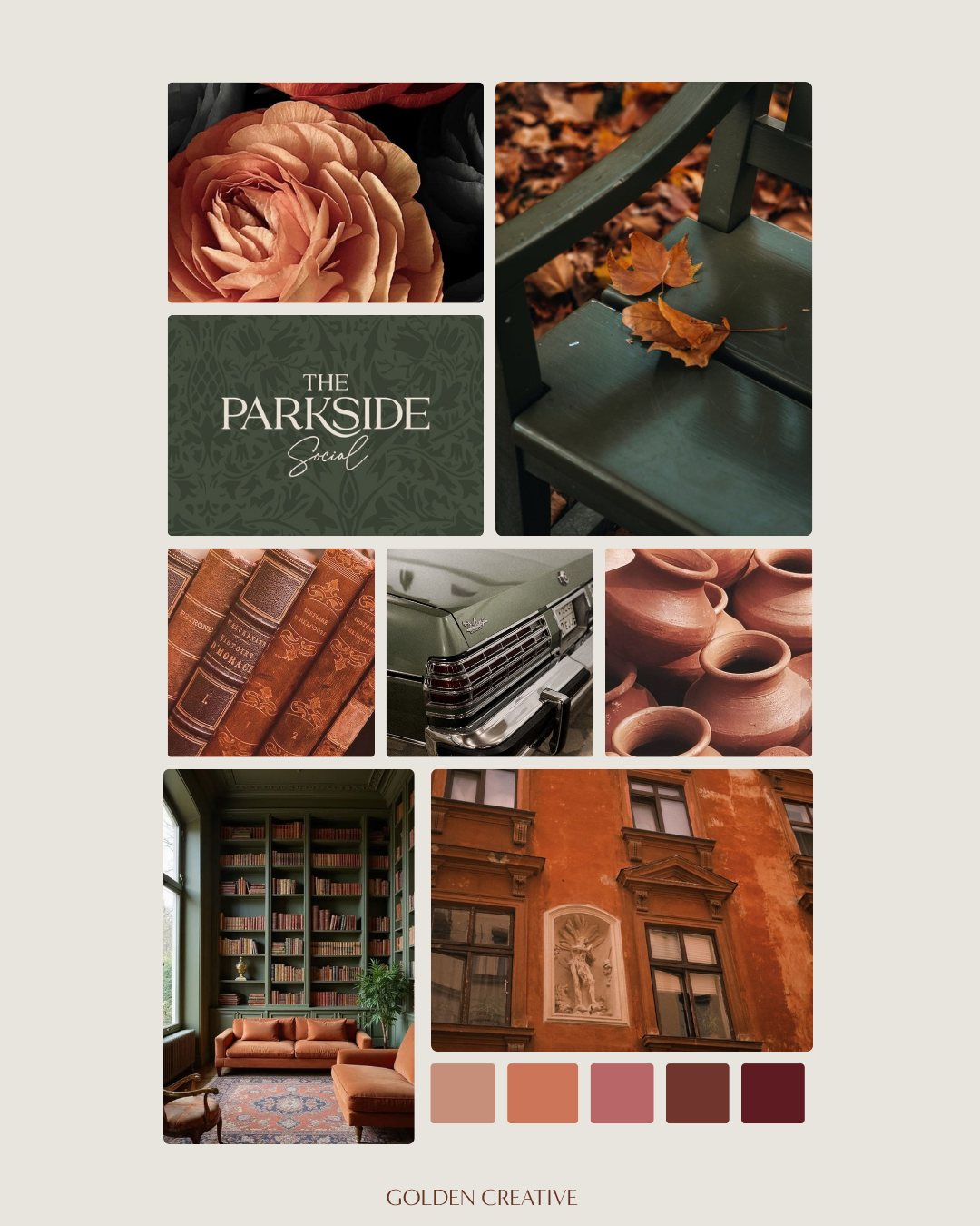 Olive & Ember brand moodboard featuring deep olive green, terracotta, cognac brown and warm rust tones with vintage books, leather, classic interiors and old-world architectural inspiration by Golden Creative.
