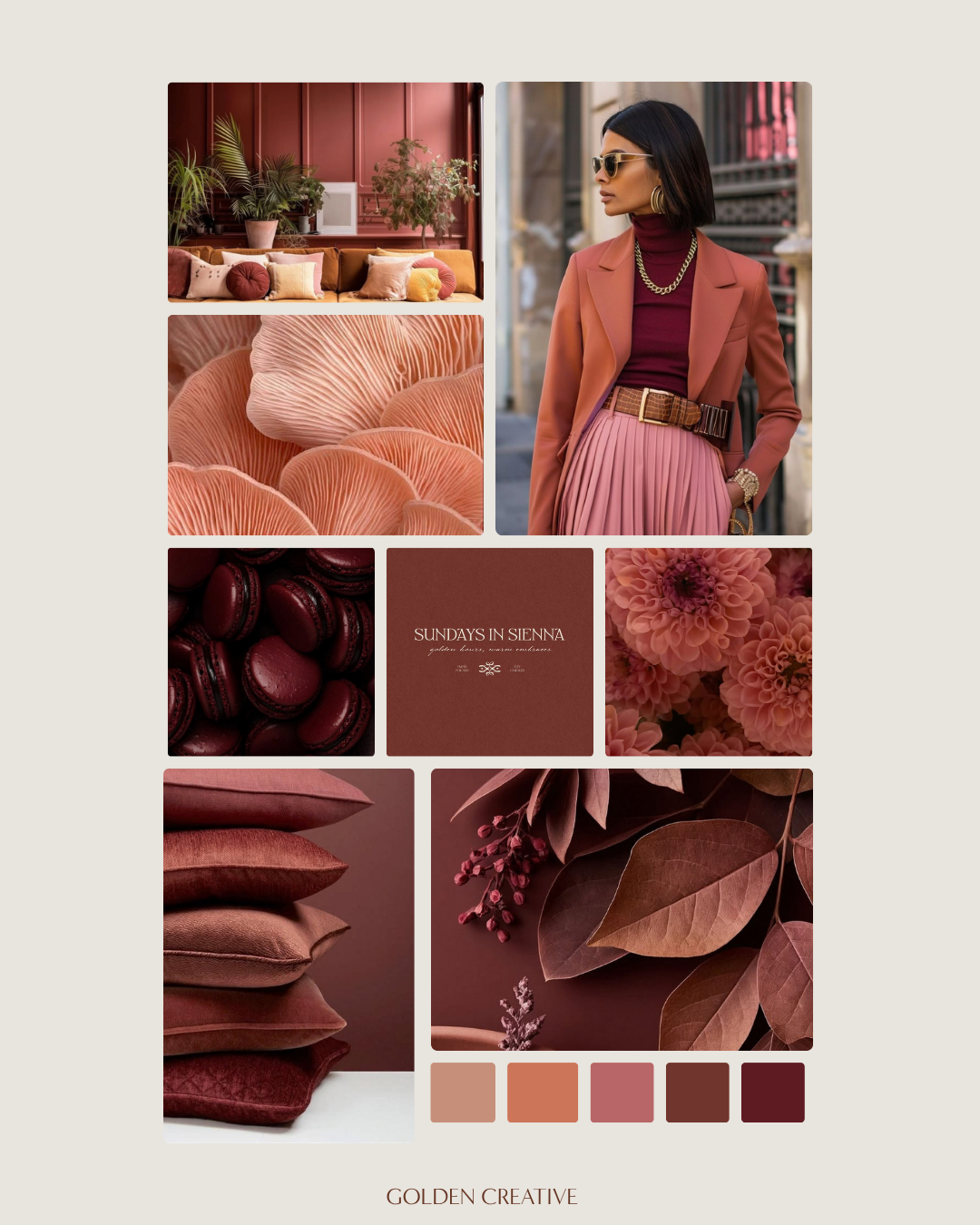 Spiced Citrus brand moodboard featuring burnt orange, dusty rose, terracotta, burgundy and deep wine tones with fashion, florals, rich textures and warm interior inspiration by Golden Creative.
