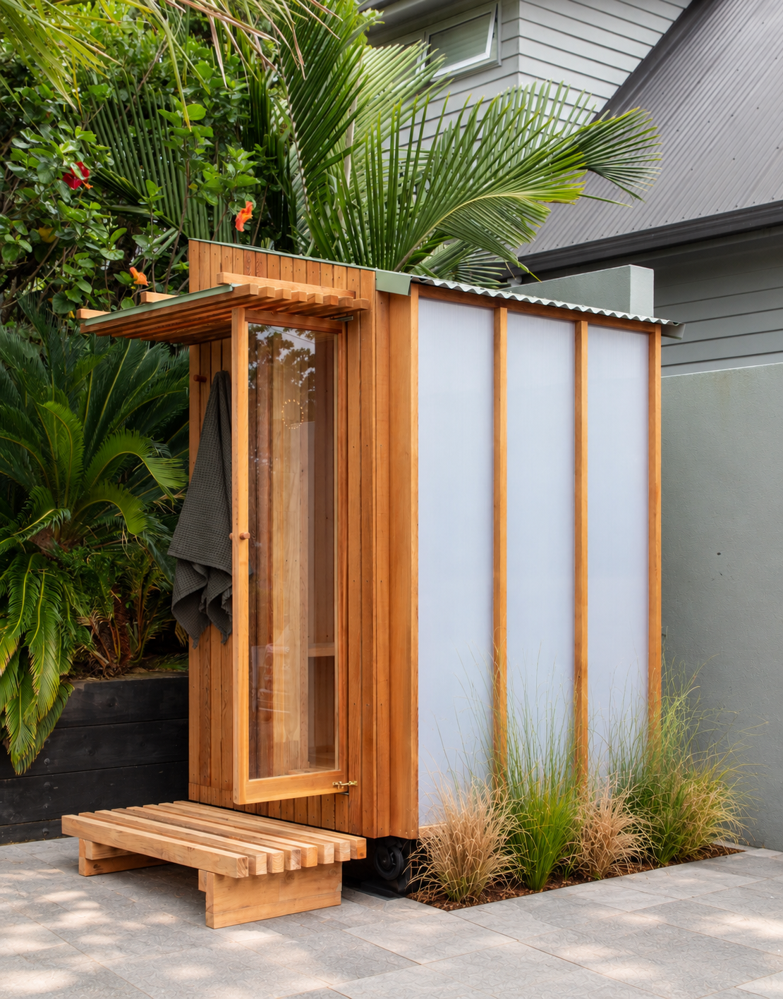 Modern Backyard Sauna with Tropical Landscaping.png