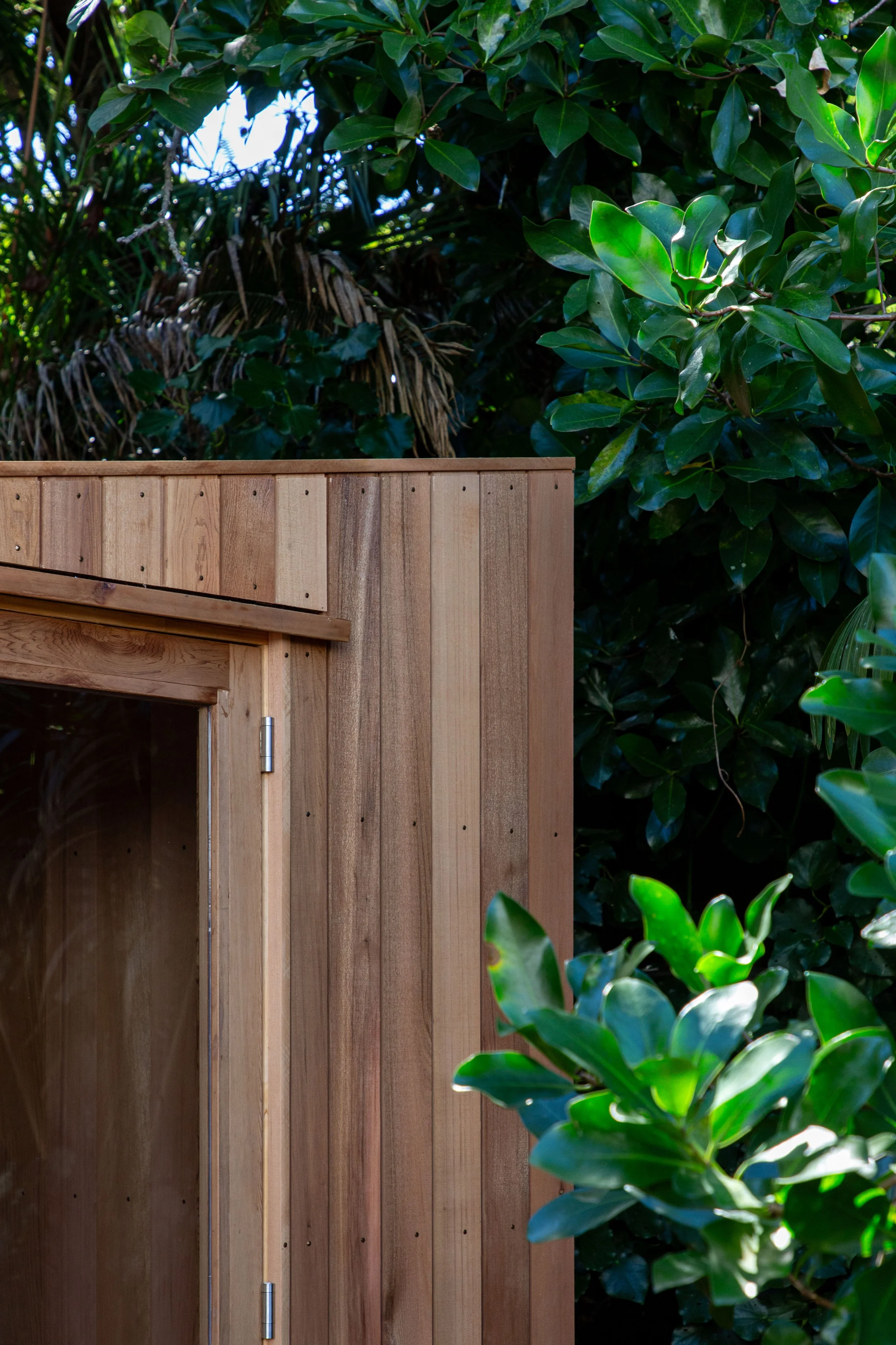 Clean lines of the Cedar Sauna monopitch roof, blending seamlessly into Mount Eden Garden