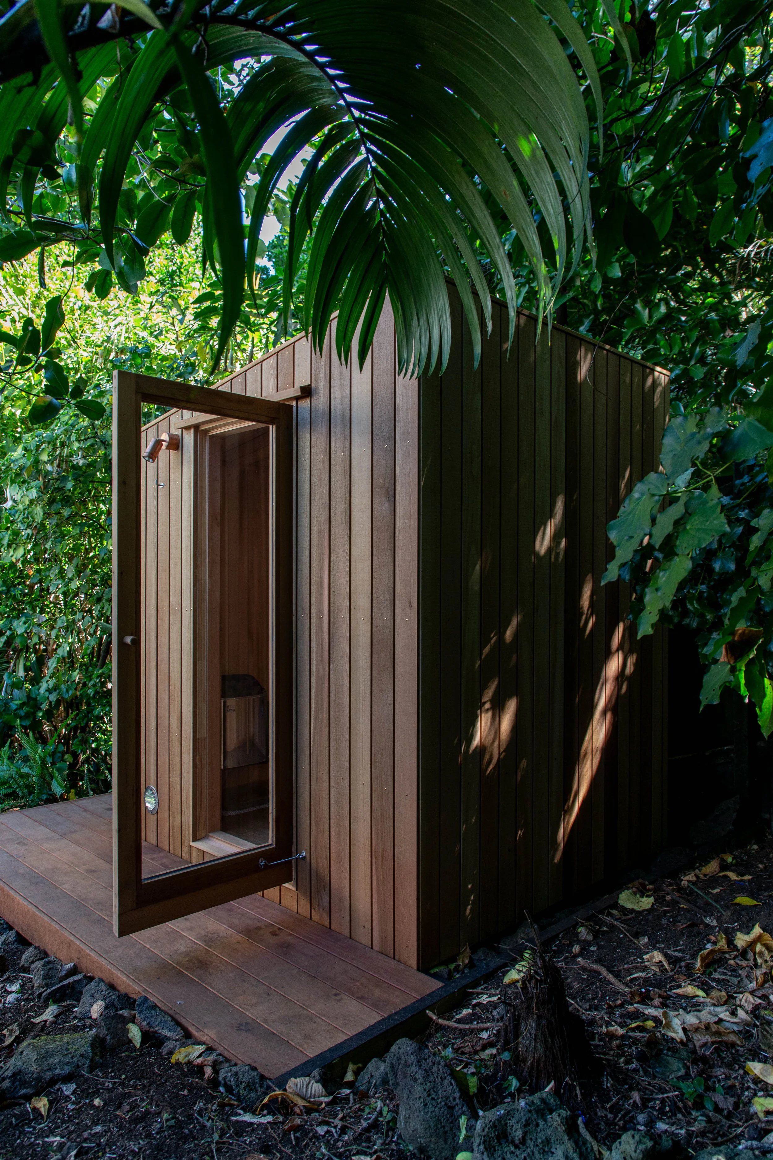 Custom Sauna designed to sit neatly in a Mount Eden garden, using tonal Cedar throughout for a natural aesthetic.