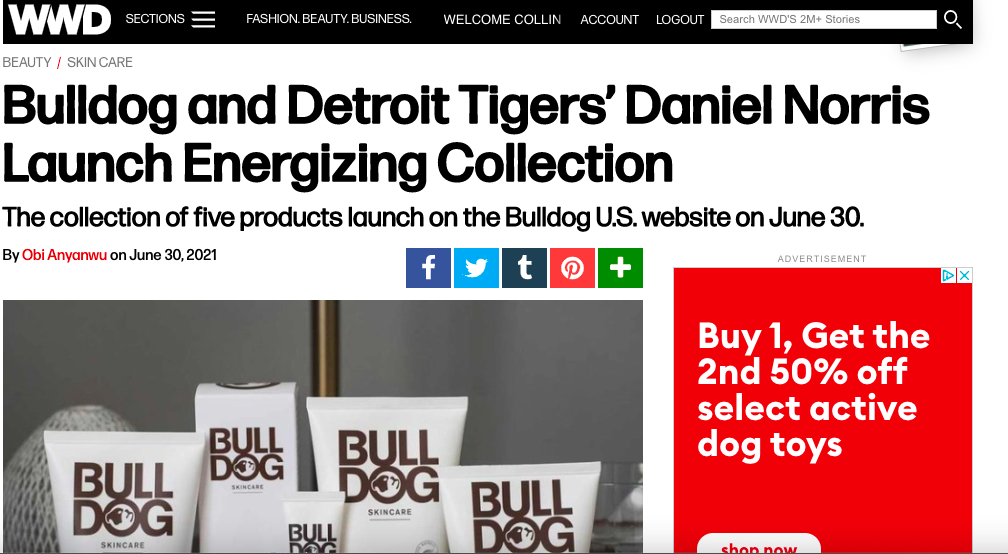 Bulldog Skincare Collection and MLB partnership featured in WWD