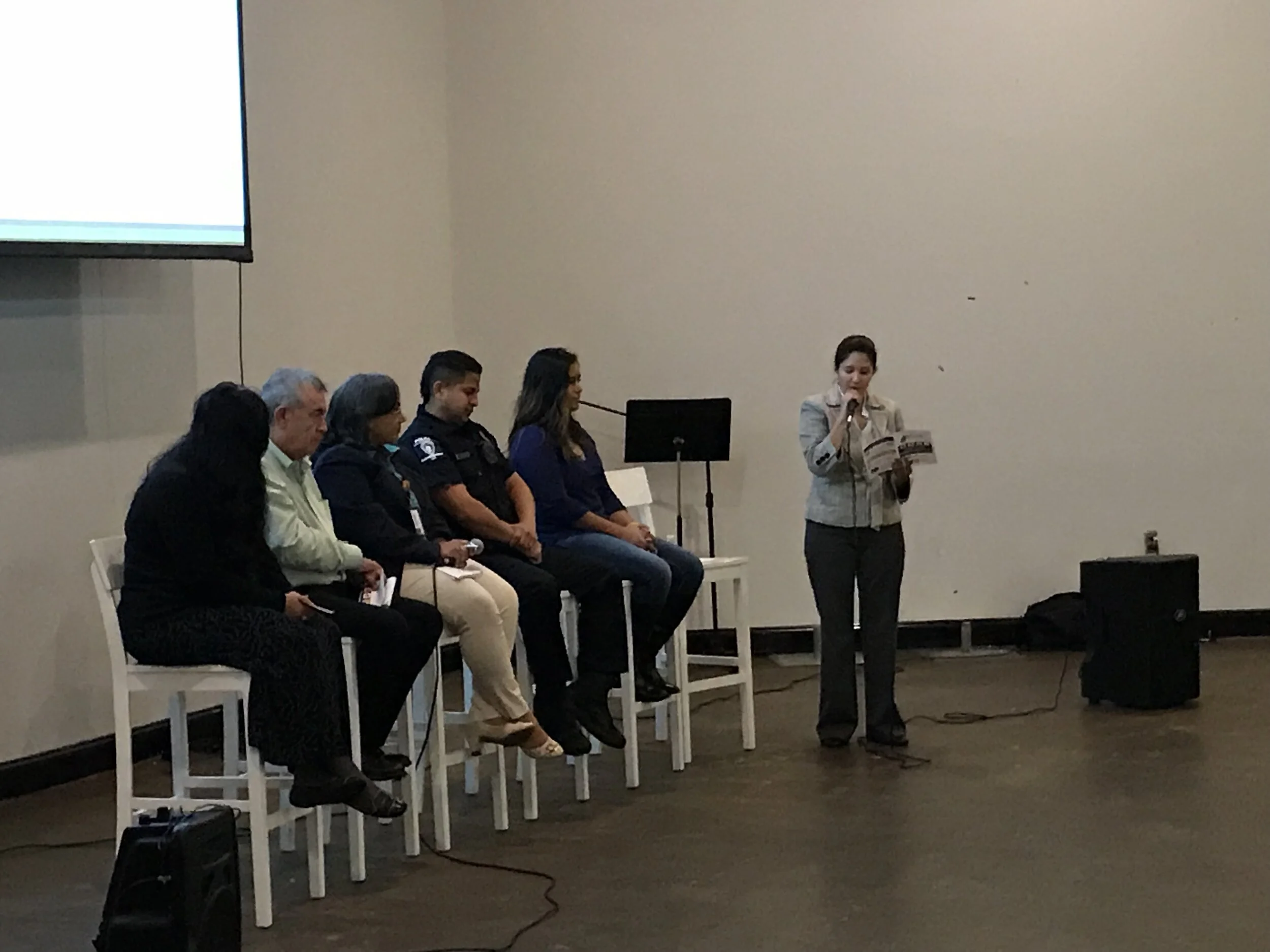Fabbiana Gutierrez moderating a panel at a presentation of Latino substance use data hosted by the Alianza coalition.