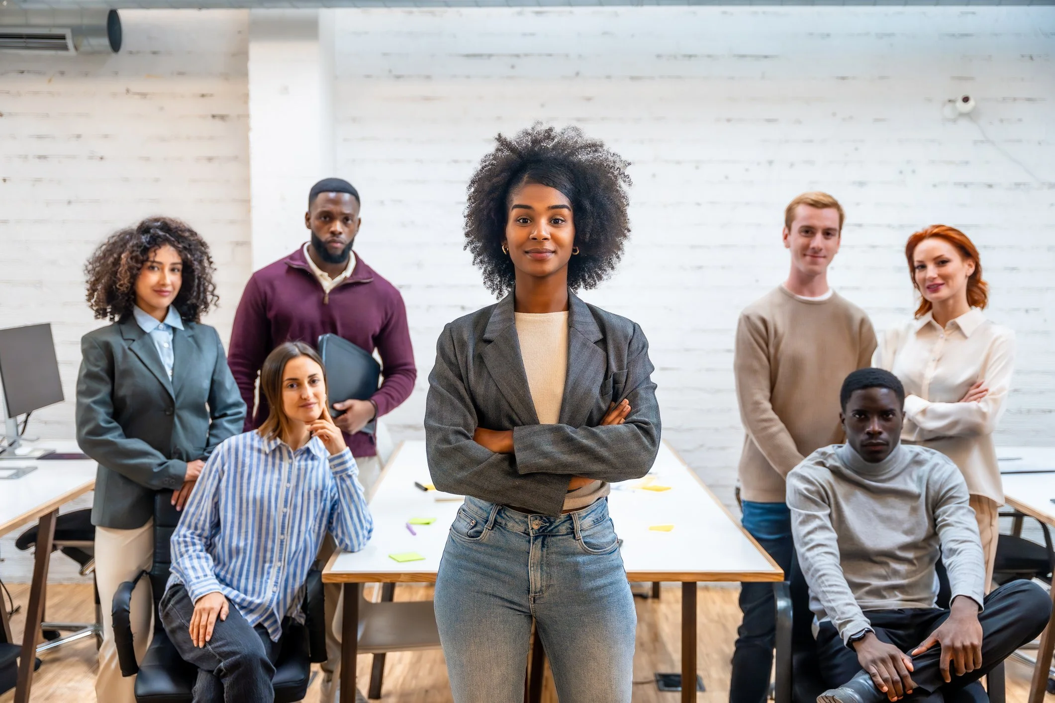 A diverse group of professionals, including a Black woman in a blazer with crossed arms, standing confidently in front of a conference table with colleagues behind her. The setting is a modern office with white brick walls and a computer on the desk.