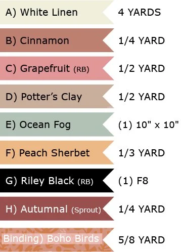 A list of sewing materials and quantities, including white linen, cinnamon, grapefruit Robin, Potter's clay, ocean fog, peach sherbet, Riley black Robin, autumn sprout, and binding boho birds with respective measurements.