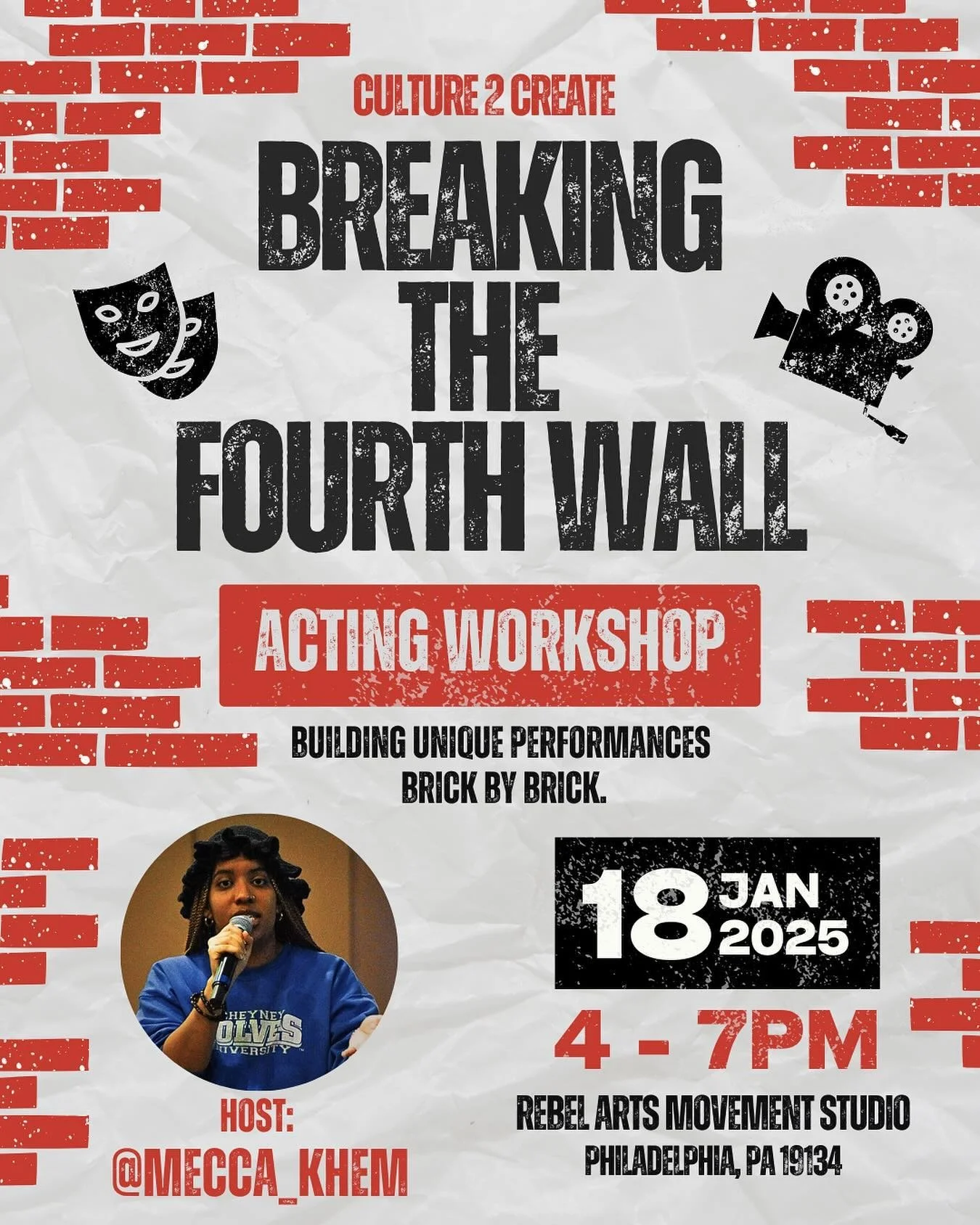 Join Mecca Khem for an acting workshop on Saturday, January 18th at 4PM at Rebel Arts Movement Studio in Philly.

➡️ Build unique performances brick by brick.
➡️ Focus on ensemble building, memorization, and getting out of your comfort zone.
➡️ Film 