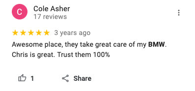  5 star review for NW Autohaus BMW repair and service in Medford, Oregon 