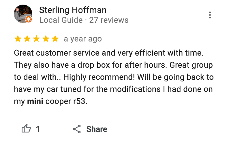 5-star-review-for-mini-mechanic-at-Northwest Autohaus · 4007 Crater Lake Hwy Medford OR 97504.png