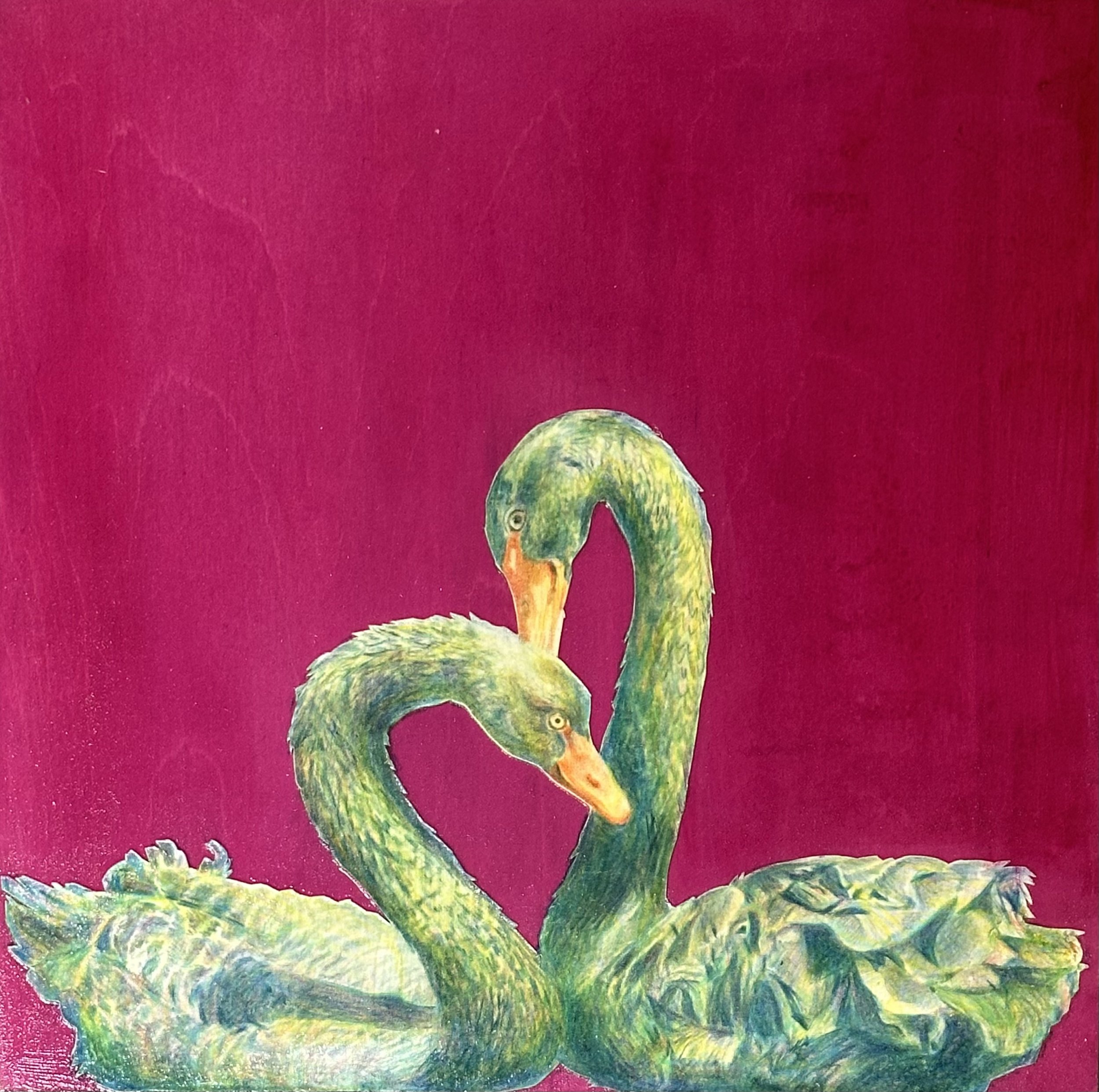 Swans | 2024 | 10"x10" | Colored pencil, paper, acrylic paint, on woodblock with varnish