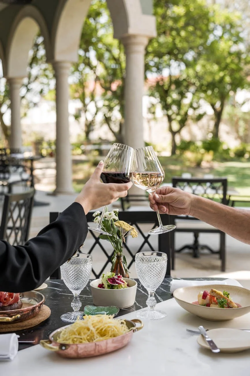 Duplo de taças de vinho tinto e branco sendo brindadas, sobre uma mesa de jantar com pratos de comida, vidro d'água e flor em vaso, em ambiente externo com colunas e árvores ao fundo.