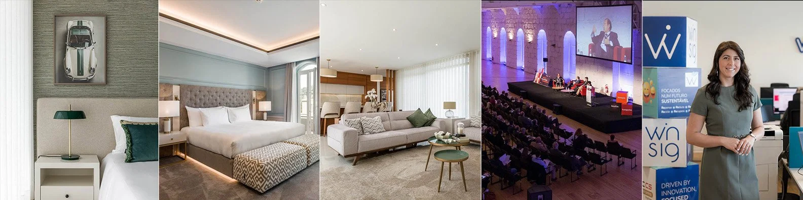 Imagem com cinco seções: uma de uma sala com um carrinho de brinquedo de carro esportivo na parede, uma de um quarto com cama e decoração azul, uma de uma sala de estar com sofá cinza e portas de vidro, uma de uma conferência ou painel de discussão com pessoas no palco, e uma de uma mulher sorridente em um evento ou feira.