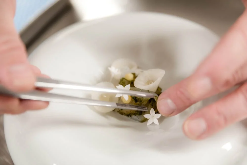 Pessoas usando pinças para pegar flores brancas delicadas, possivelmente jasmim, em uma superfície branca.