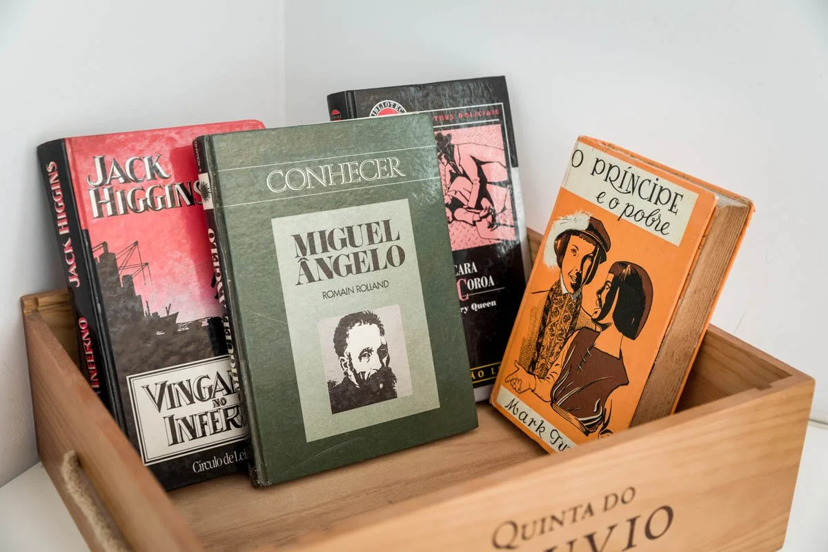 Coleção de livros em uma caixa de madeira, incluindo títulos como "Vingança no Inferno" de Jack Higgins, "Conhecer" de Miguel Ângelo, "A Sra. Cora" e "O Príncipe e o Pobre" de Mark Twain.