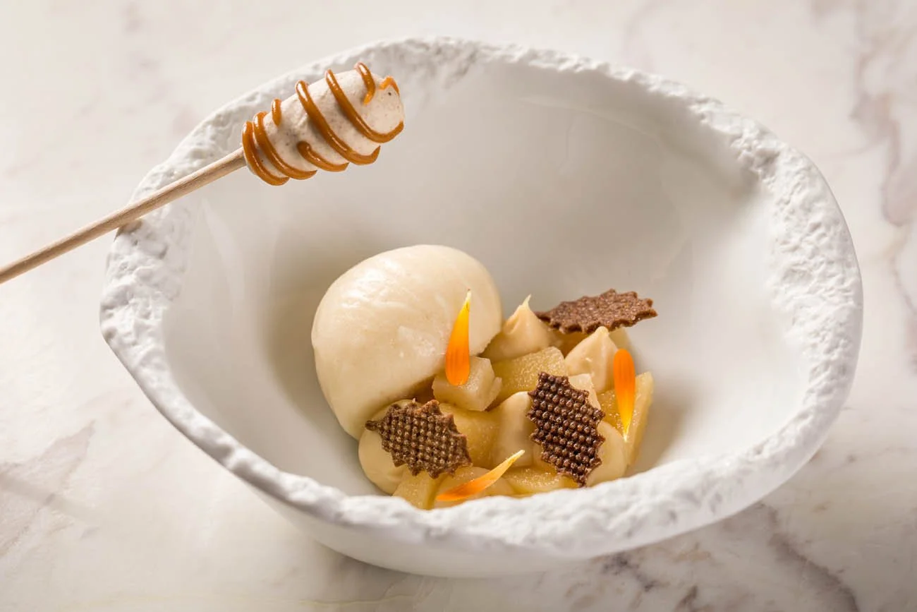 Sorvete de baunilha com pedaços de chocolate e fios de cenoura em uma tigela branca.