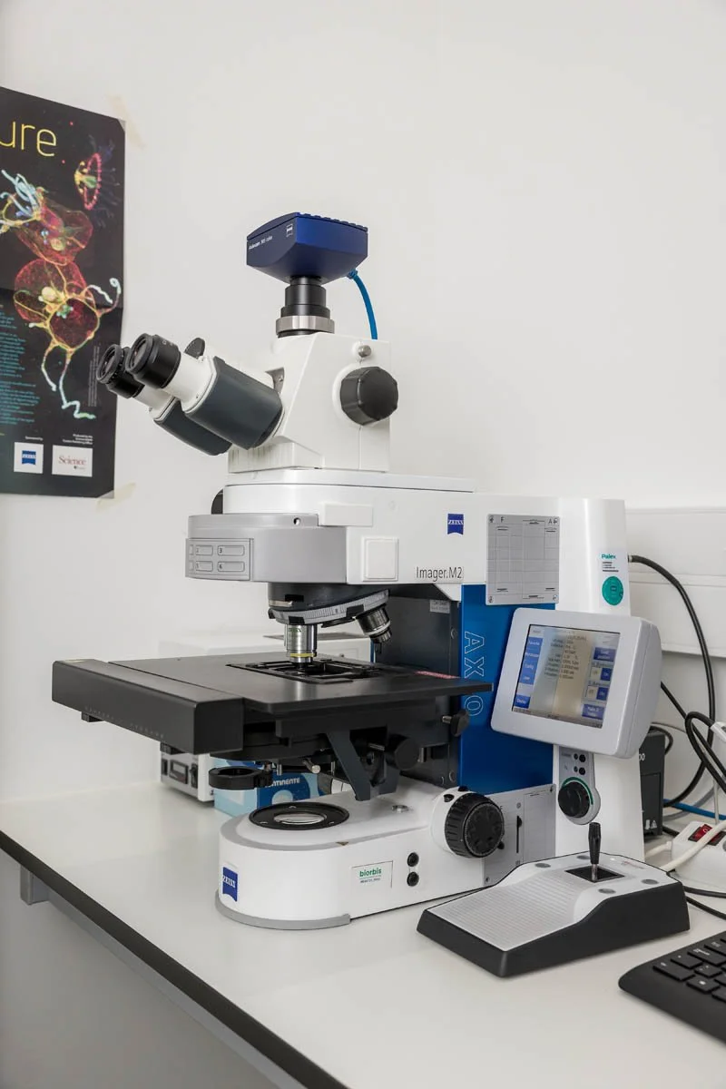 Microscópio de laboratório em uma mesa de pesquisa.