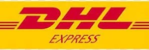 Logotipo da marca DHL express em fundo amarelo.