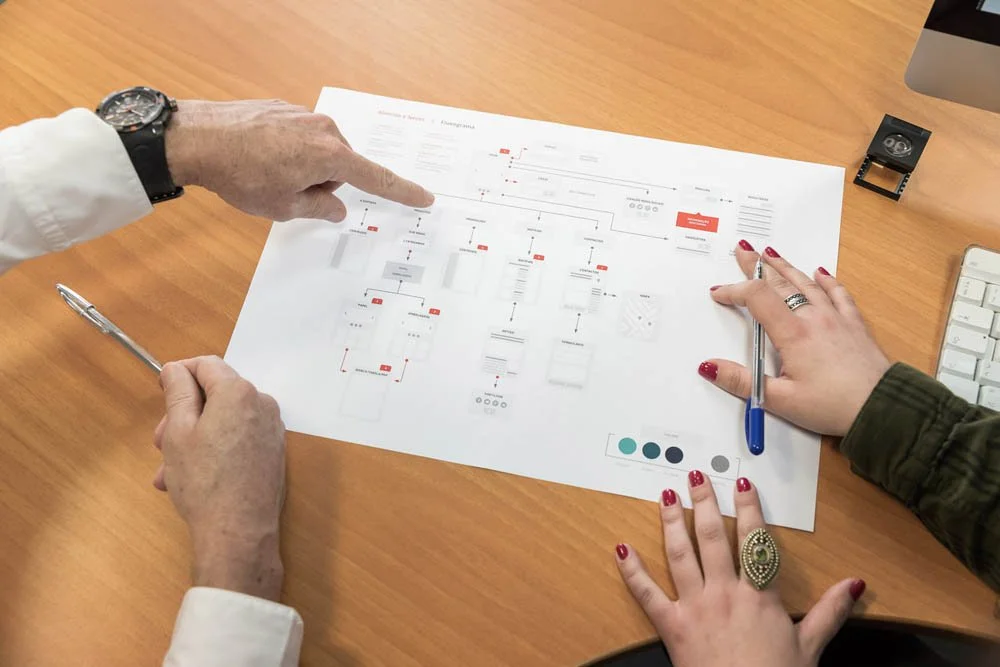 Duas pessoas analisando um mapa ou diagrama em uma mesa de madeira, com uma delas apontando para um ponto no papel e a outra segurando uma caneta azul, com um relógio no pulso e uma mulher com unhas vermelhas e anel na mão direita.
