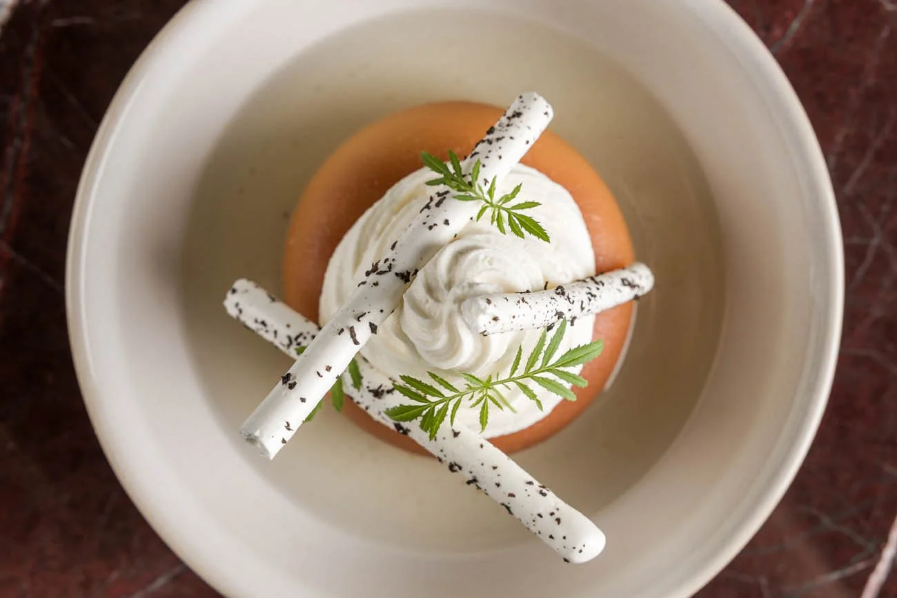 Sobremesa com sorvete de creme decorado com folhas verdes, cannoli com cobertura de chocolate branco e lascas de chocolate, em tigela branca.