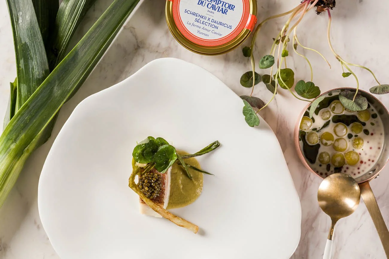 Prato de comida sofisticada com um pedaço de peixe decorado com caviar de pepino e folhas verdes, ao lado de uma tigela com ovos de salmão em um caldo, e ingredientes como alho-poró e um pote de azeite de oliva ao fundo.