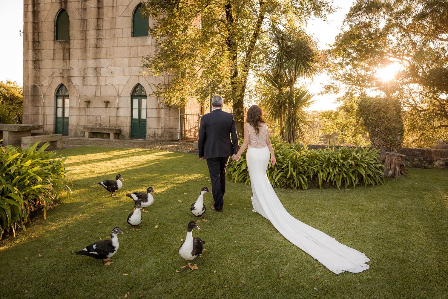 Casal de casamento caminhando no jardim durante o pôr do sol, com patos na grama ao redor.
